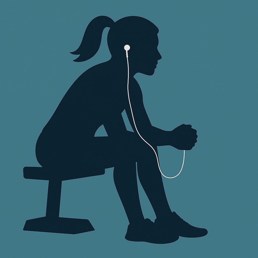 Silhouette of a focused female Gen Z athlete with a ponytail sitting on a bench, wearing earphones, listening to mindset reps on a teal background.”